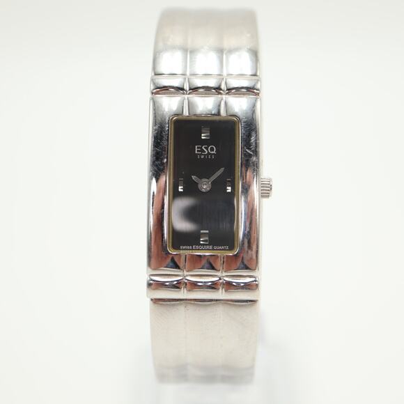 Vintage ESQ Womens Silver Tone 18mm Black Tank Watch 6.5" Bracelet w New Battery - Picture 5 of 12